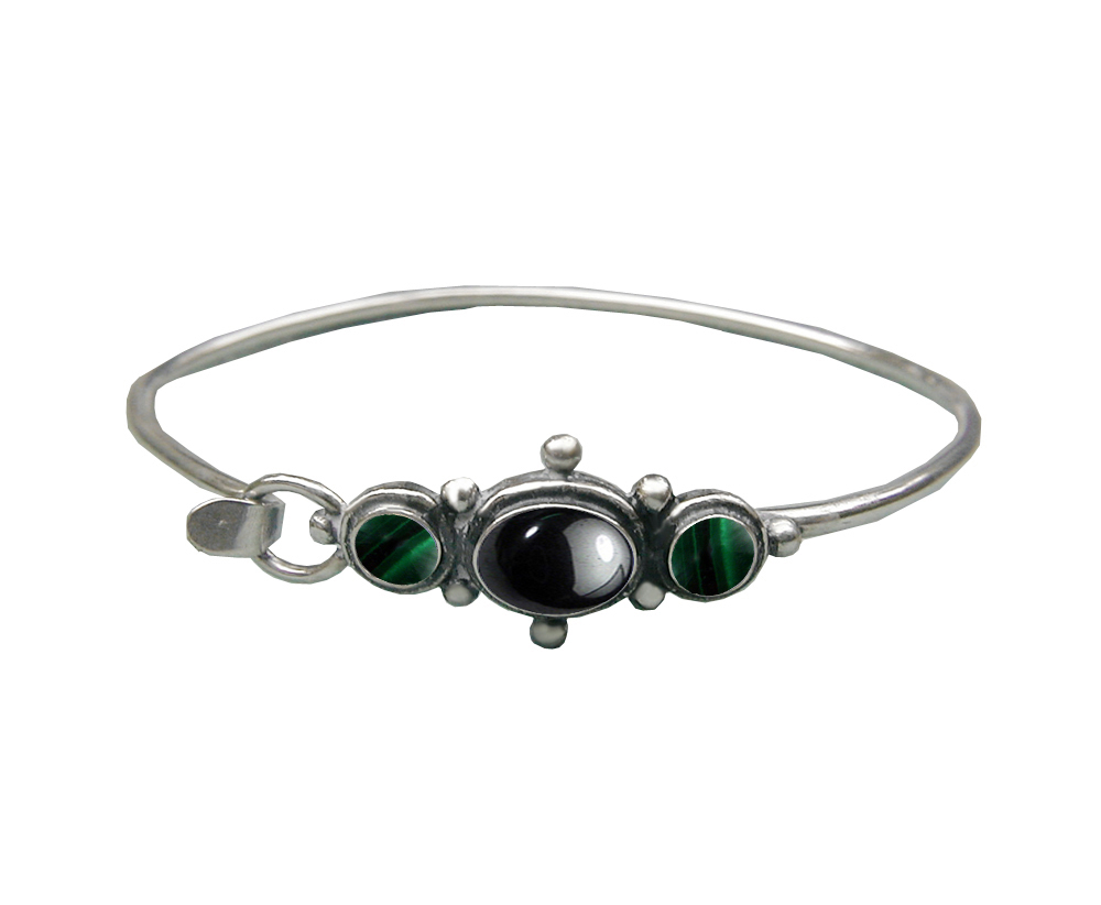 Sterling Silver Strap Latch Spring Hook Bangle Bracelet Hematite And Malachite